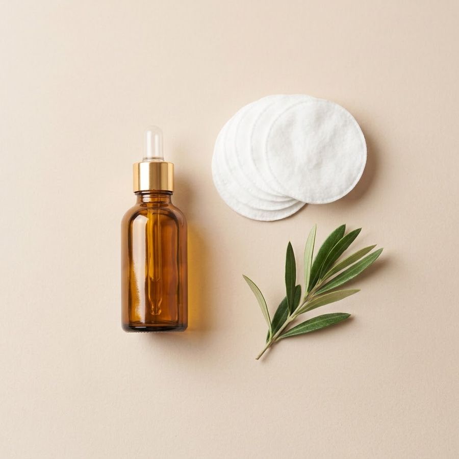 Aftercare essentials: an amber glass dropper bottle, cotton rounds, and an olive sprig