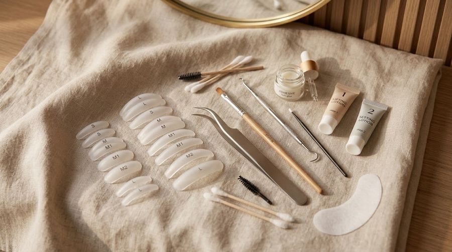 Lash lift tools laid out on linen: silicone shields, tweezers, and lifting and setting lotions