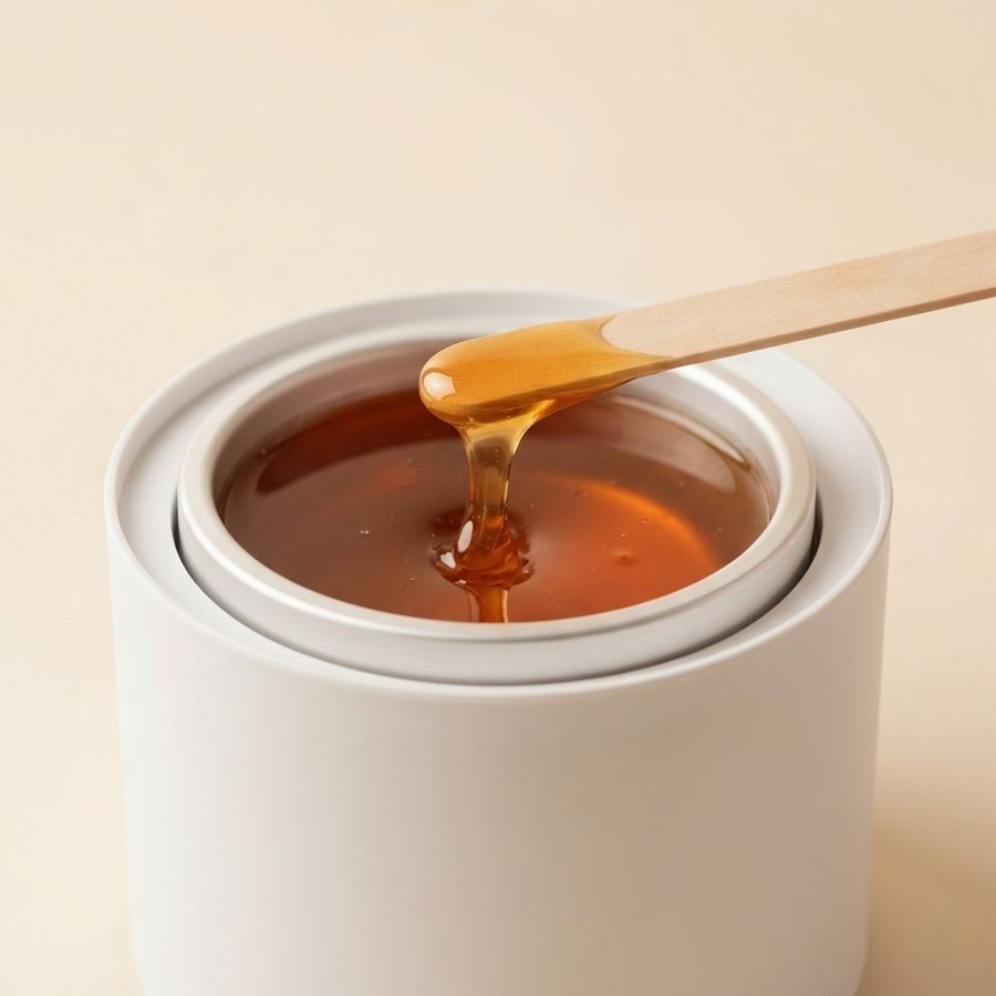 Warm amber hard wax dripping from a wooden spatula into a professional wax warmer